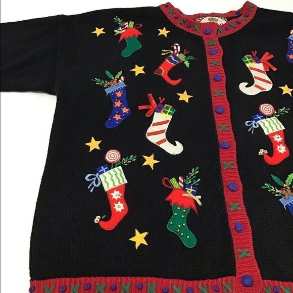 Tiara International Christmas Cardigan Sweater Size XL Holiday Sweater Stockings - Picture 10 of 15